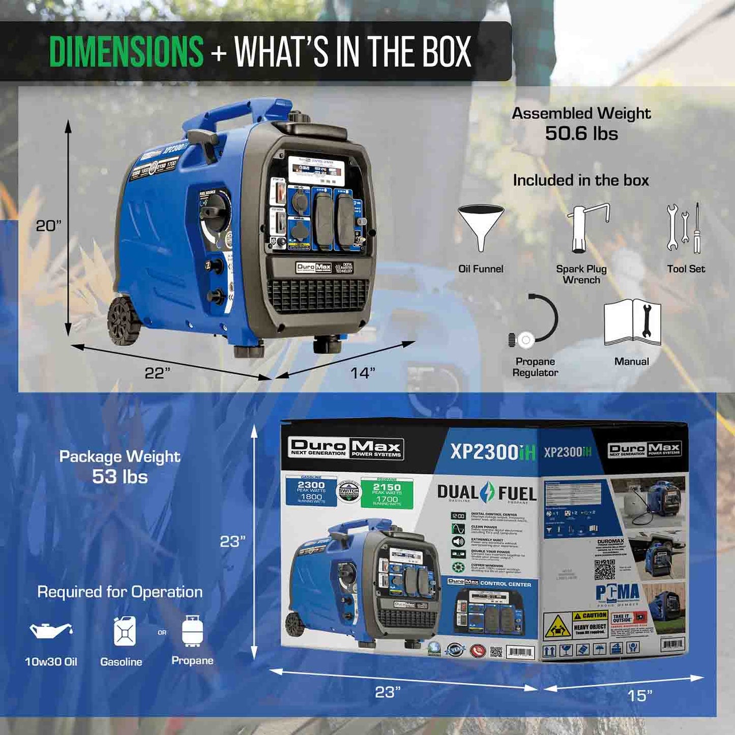 DuroMax XP2300iH Dual Fuel 1800W/2300W Portable Inverter Generator | CO Alert