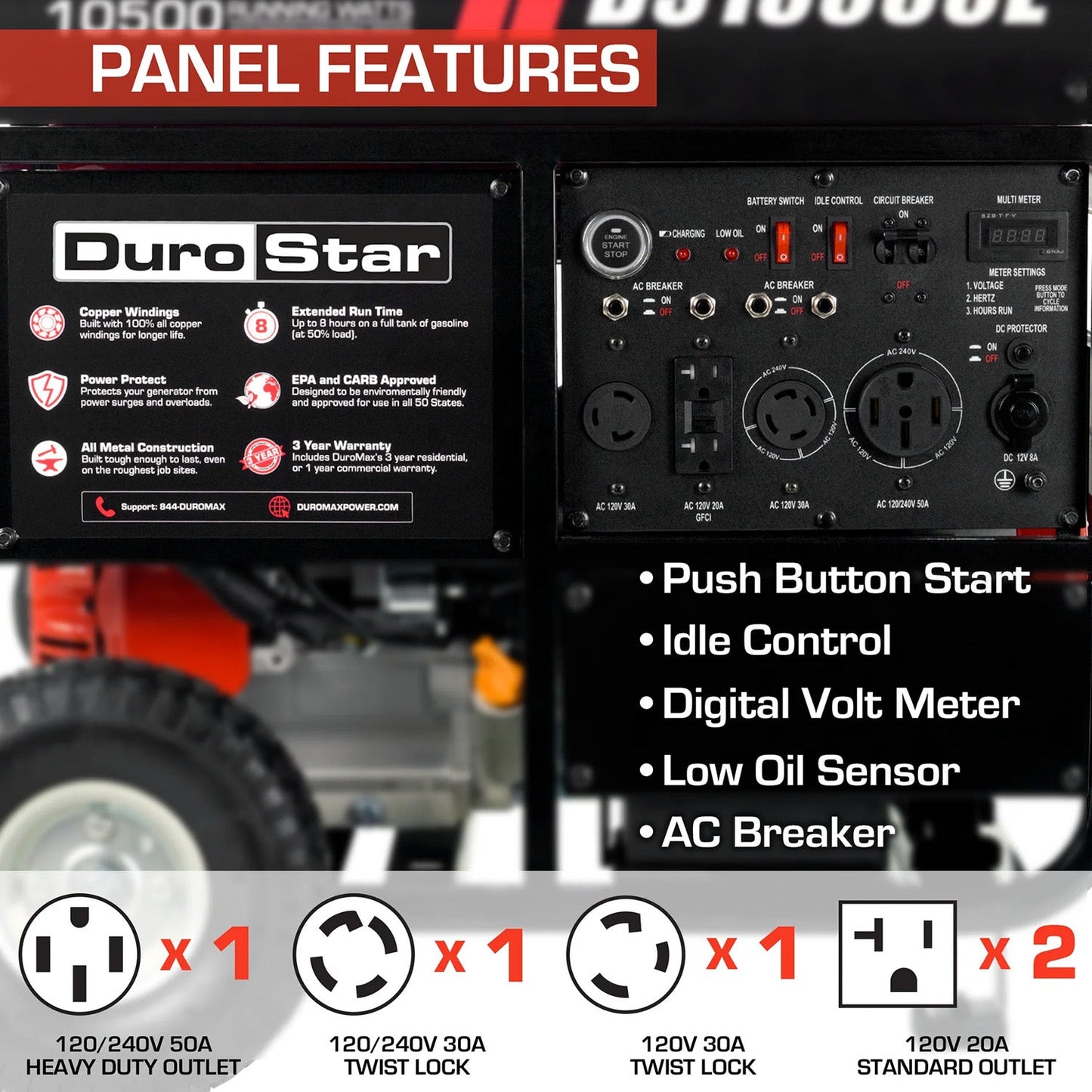 DuroStar DS13000E Gasoline 10500W/13000W Portable Generator