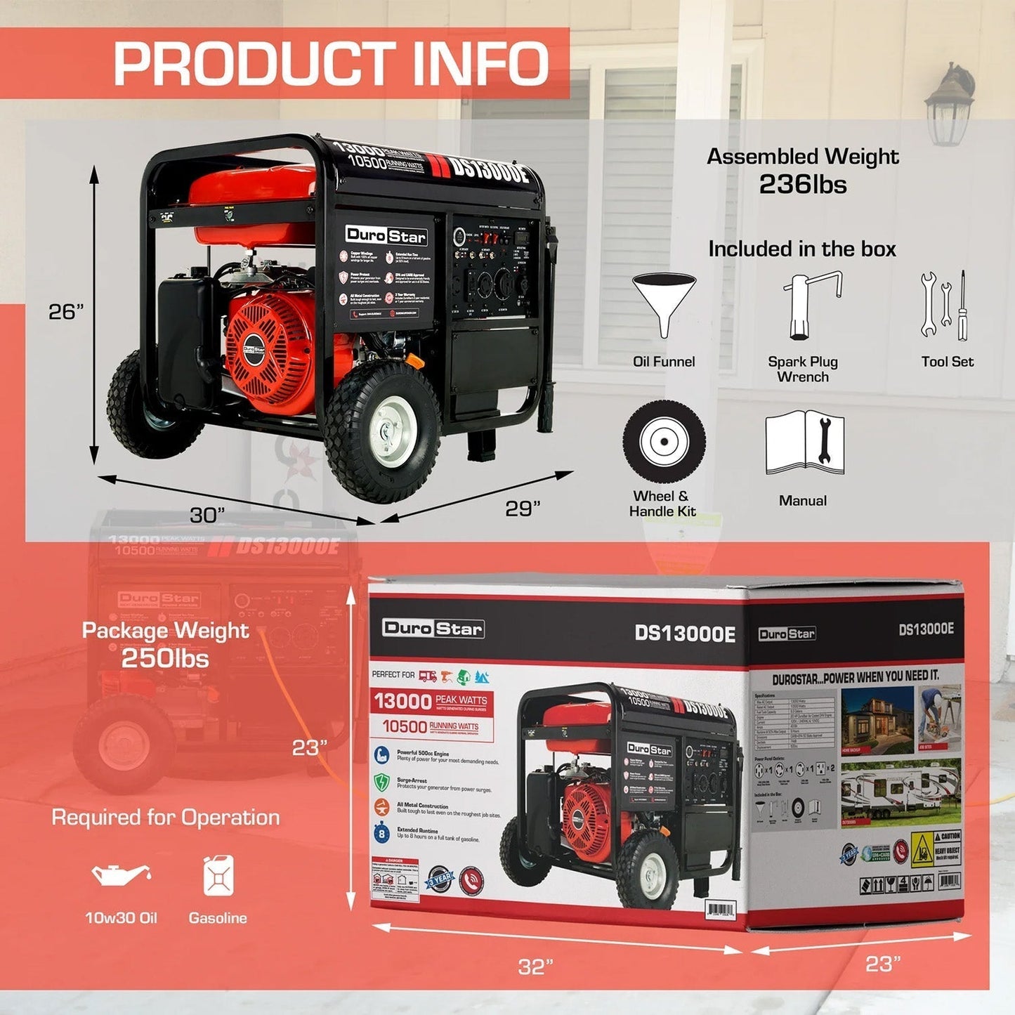 DuroStar DS13000E Gasoline 10500W/13000W Portable Generator