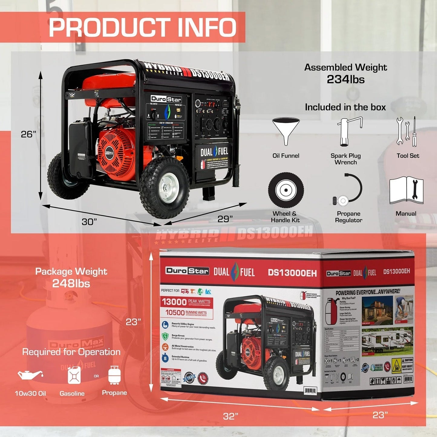 DuroStar DS13000EH Dual Fuel 10500W/13000W Portable Generator