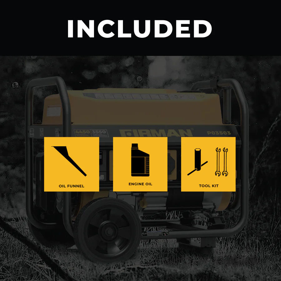 Firman P03503 Gasoline 3550W/4450W Portable Generator | Recoil Start | 120V | CO Alert