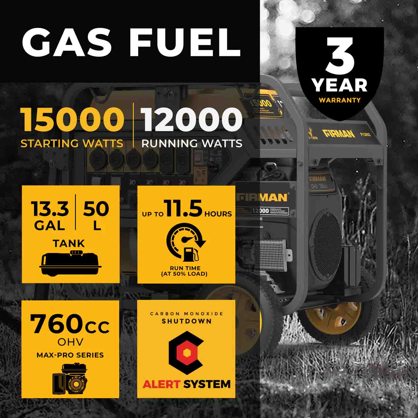 Firman P12002 Gasoline 12000W/15000W Portable Generator | Electric Start | 120/240V | CO Alert