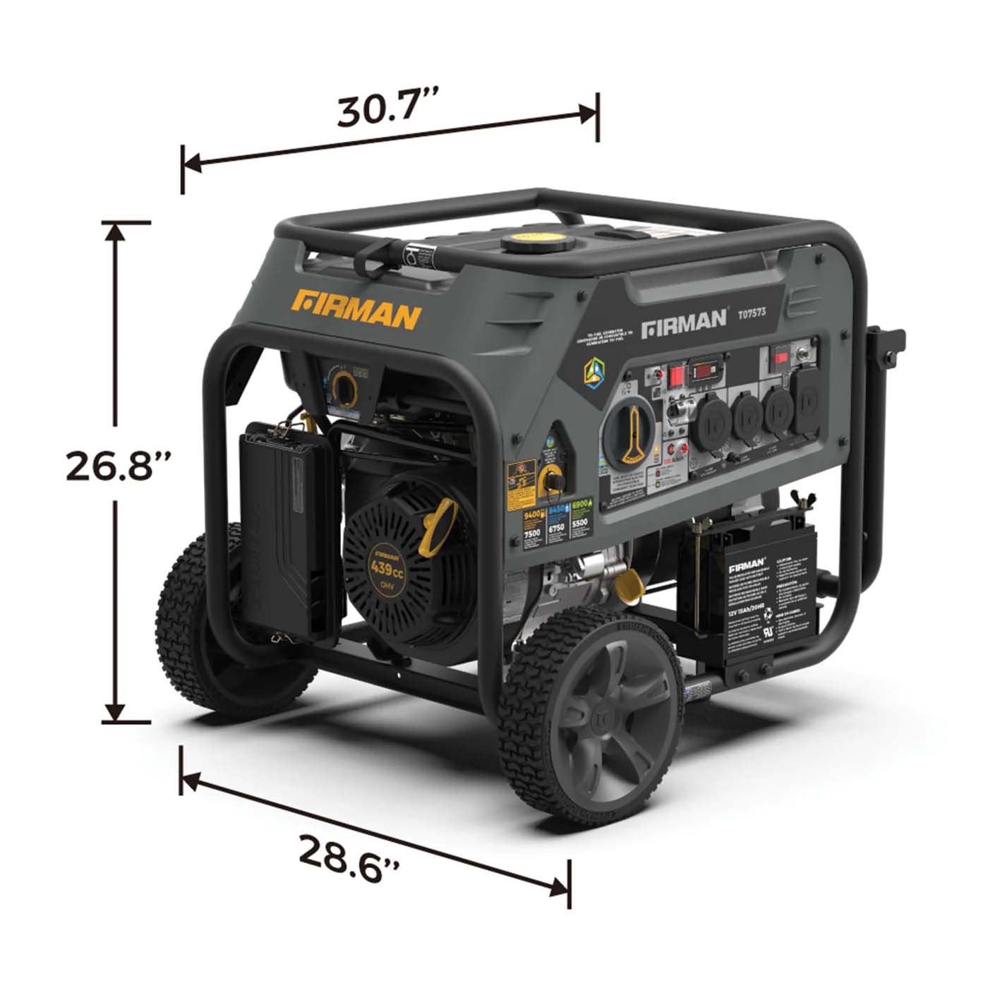 Firman T07573 Tri-Fuel 7500W/9400W Portable Generator | Electric Start | 120/240V | CO Alert