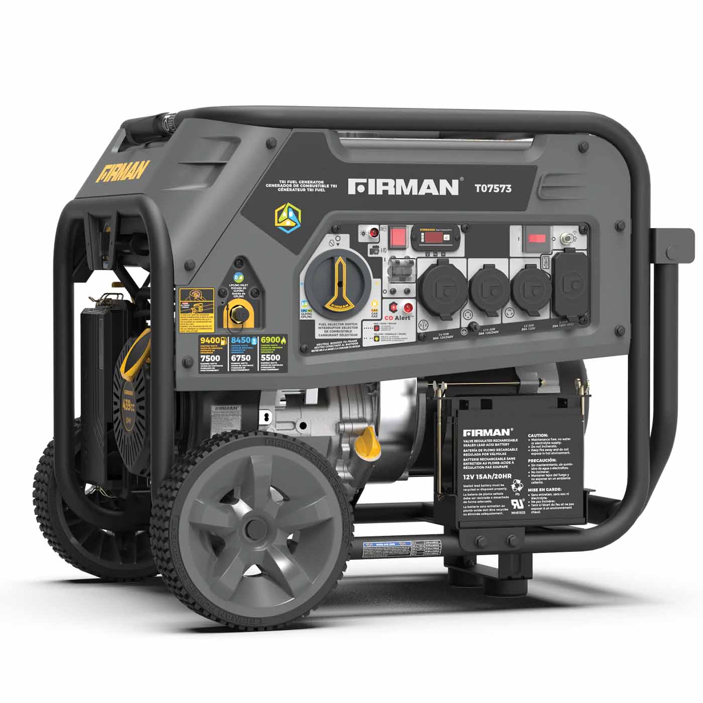 Firman T07573 Tri-Fuel 7500W/9400W Portable Generator | Electric Start | 120/240V | CO Alert