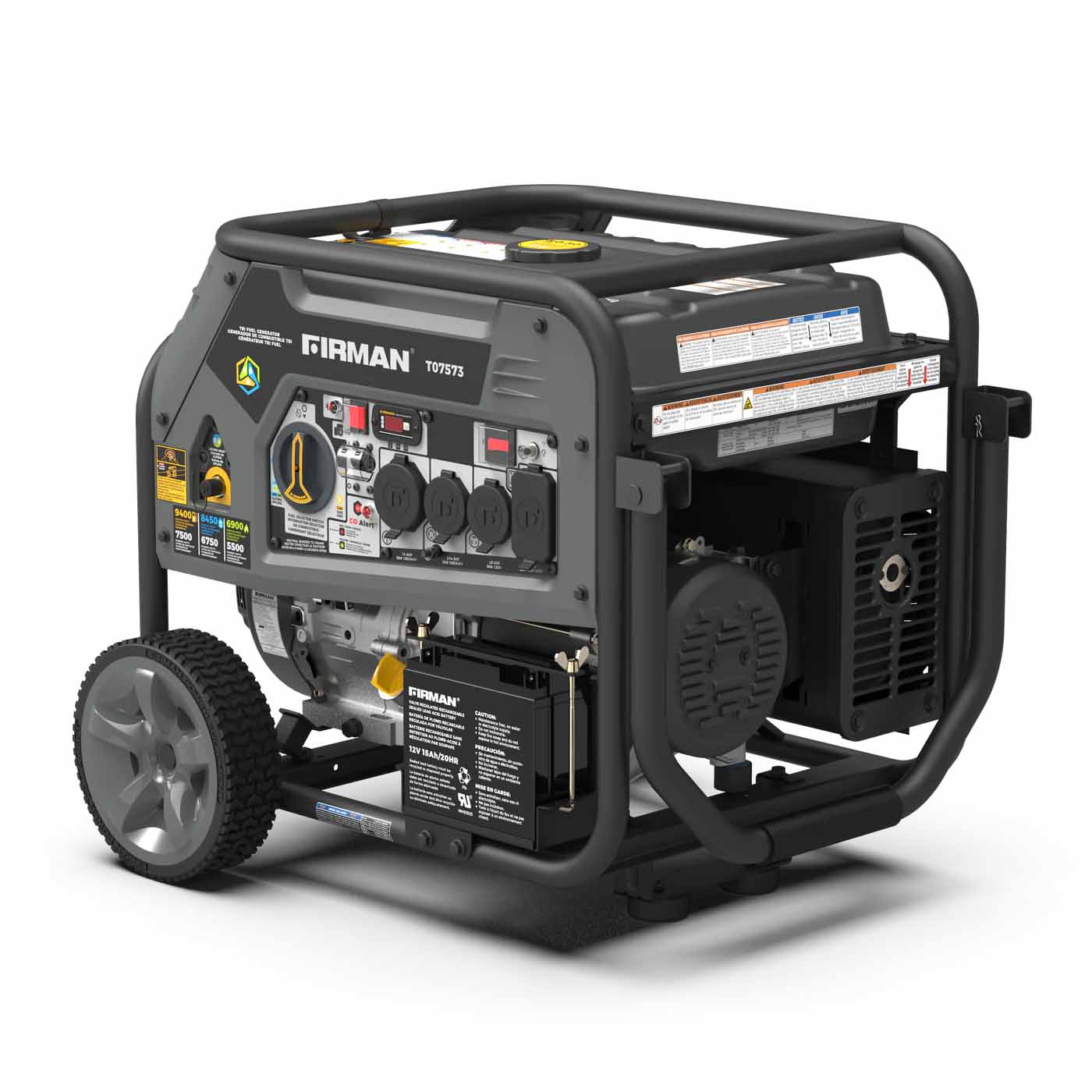 Firman T07573 Tri-Fuel 7500W/9400W Portable Generator | Electric Start | 120/240V | CO Alert