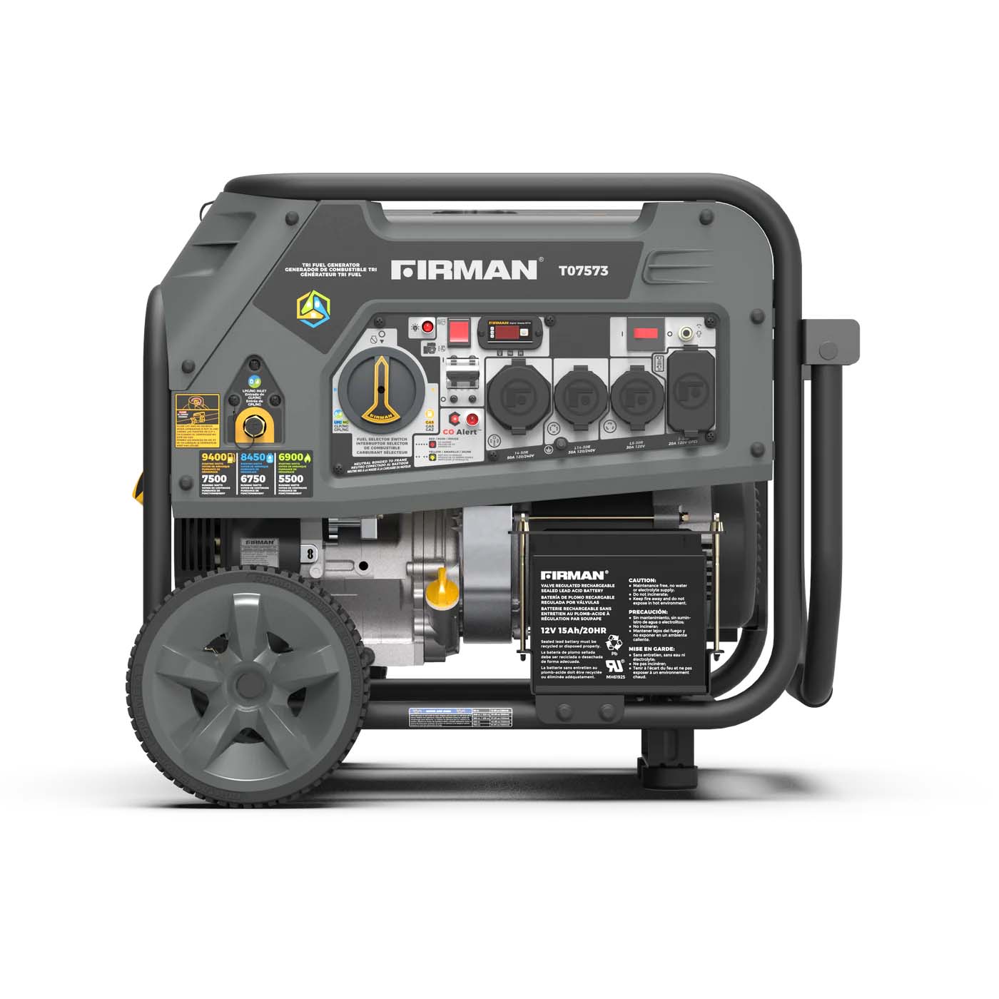 Firman T07573 Tri-Fuel 7500W/9400W Portable Generator | Electric Start | 120/240V | CO Alert