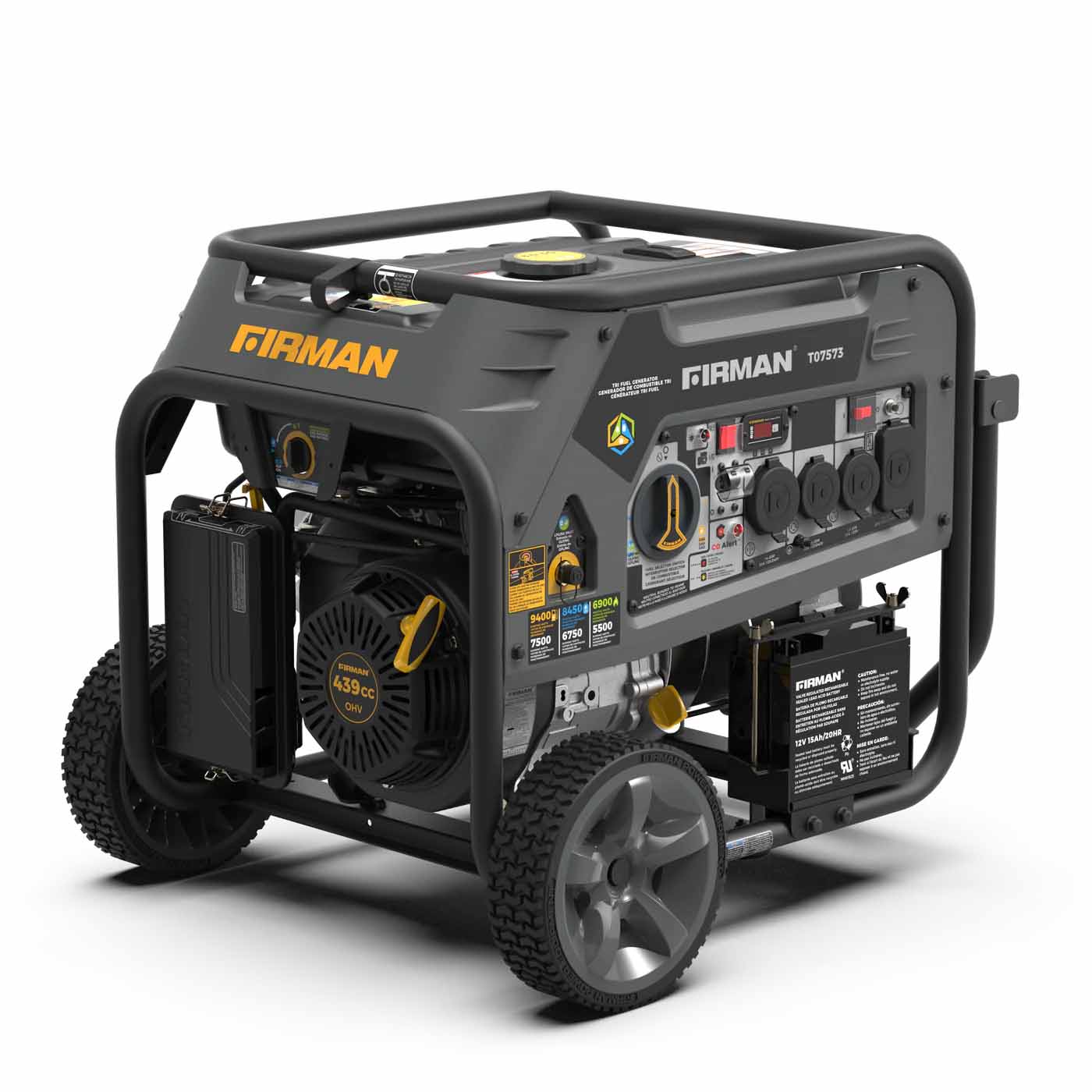 Firman T07573 Tri-Fuel 7500W/9400W Portable Generator | Electric Start | 120/240V | CO Alert