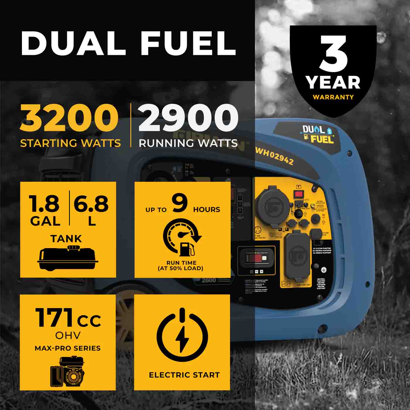 Firman WH02942 Dual Fuel 2900W/3200W Inverter Portable Generator | Electric Start