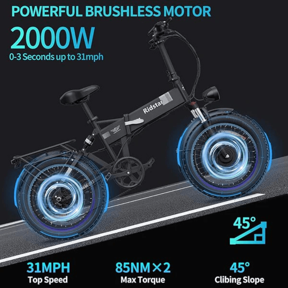 Folding Ebikes for Adults Ridstar 750W Motor 48V 14AH Removable Battery 20 X 4.0 Fat Tire Shimano 7-Speed 19.8MPH Electric Bike