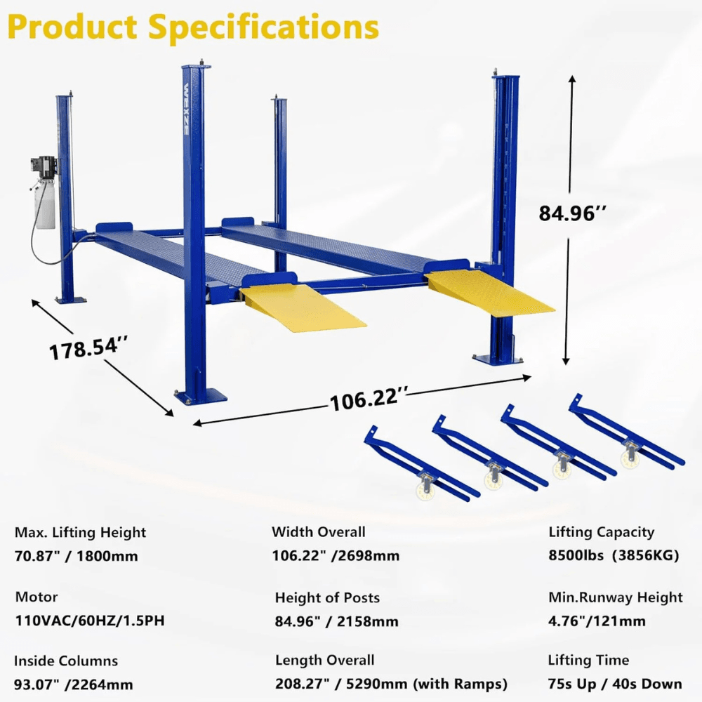 WEIZE 8500lbs 4-Post Car Lift with Caster Kits – PLA-1030