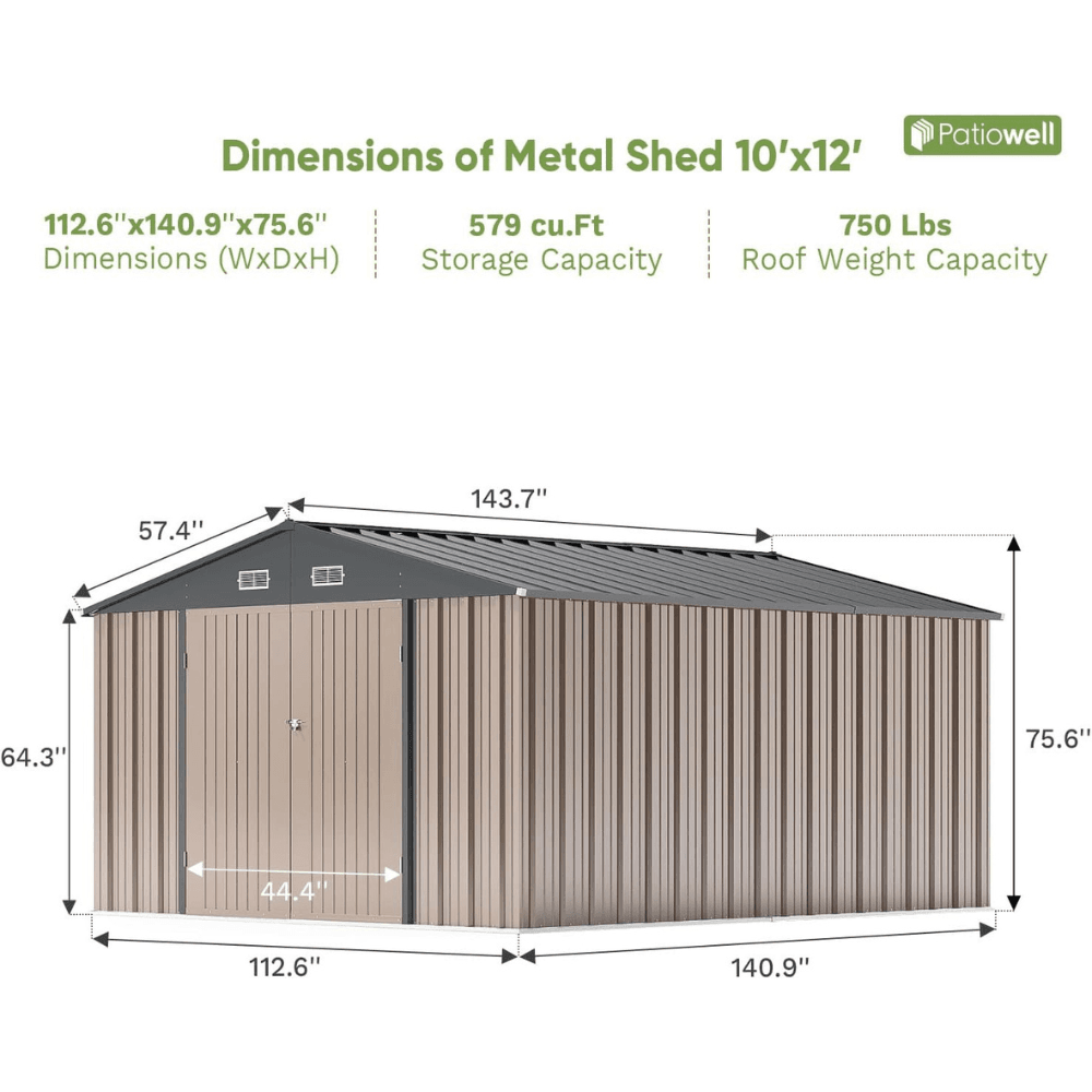 Patiowell 10 ft. W x 12 ft. D Size Upgrade Metal Storage Shed (119 sq. ft.)