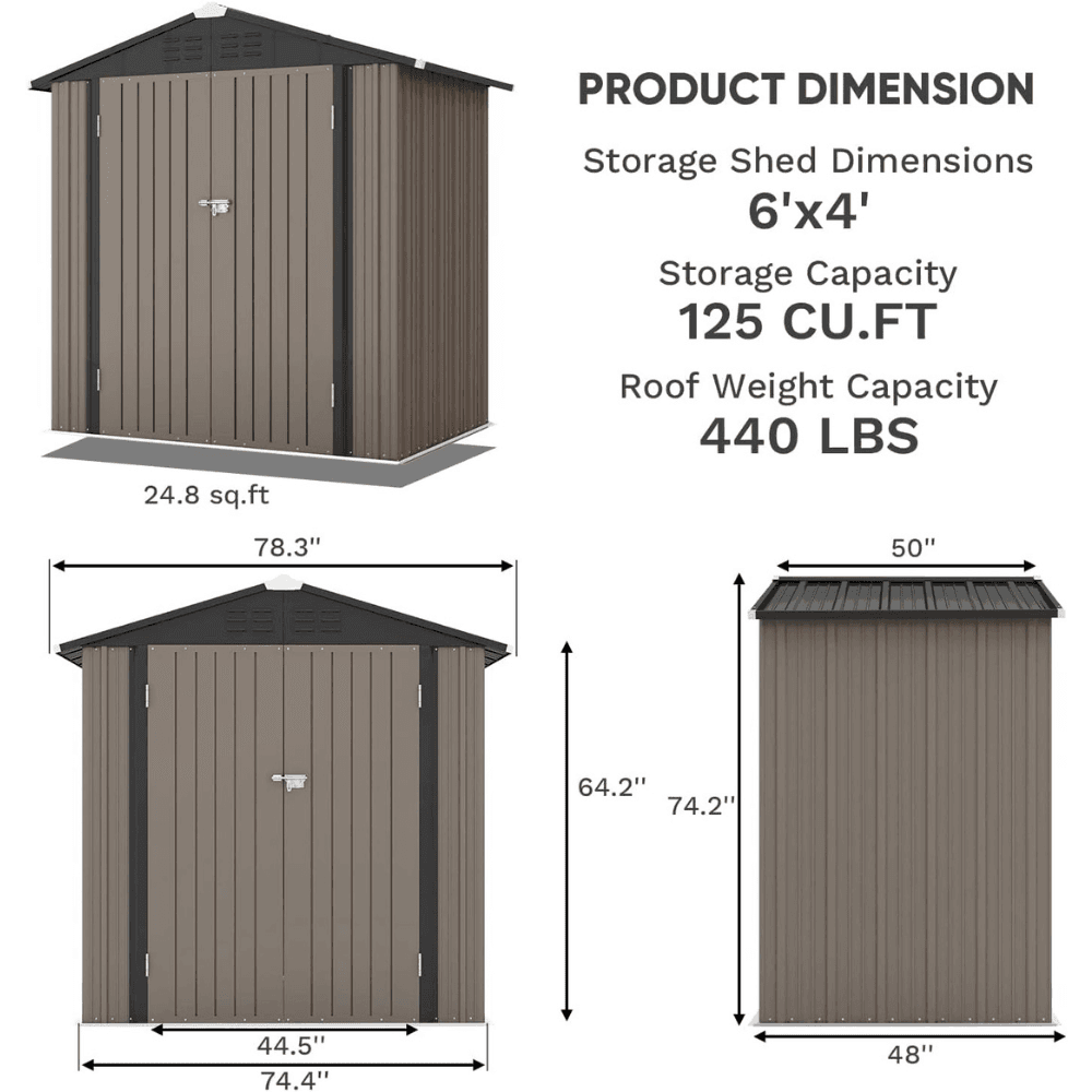 Patiowell 6 ft. W x 4 ft. D Outdoor Storage Brown Metal Shed with Sloping Roof and Double Lockable Door (24.8 sq. ft.)