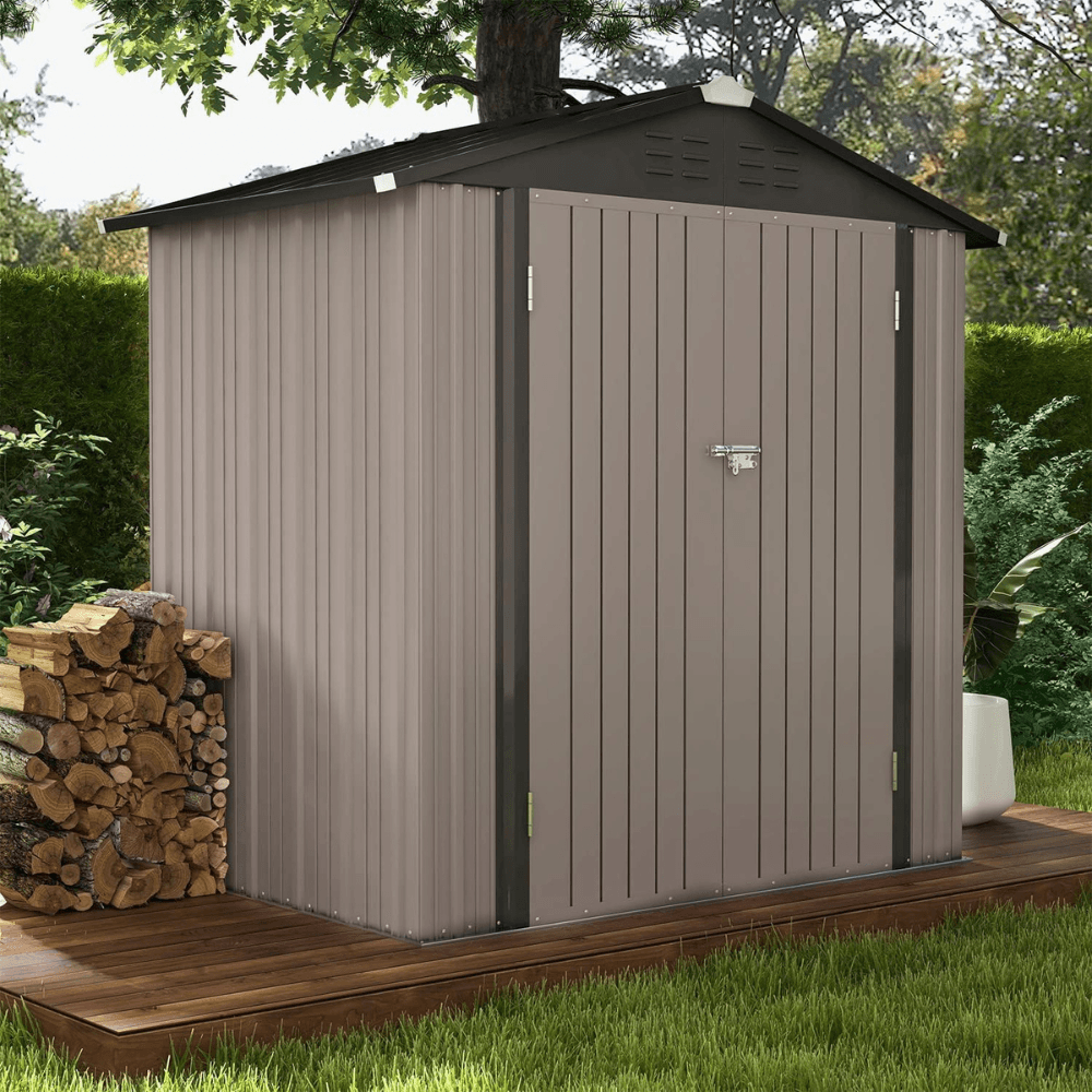 Patiowell 6 ft. W x 4 ft. D Outdoor Storage Brown Metal Shed with Sloping Roof and Double Lockable Door (24.8 sq. ft.)