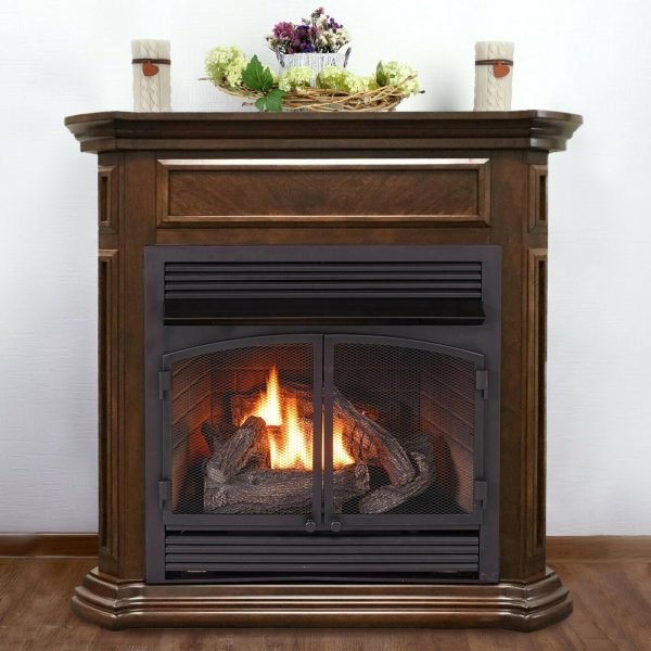 Duluth Forge Dual Fuel Ventless Gas Fireplace With Mantel – 32,000 BTU, T-Stat Control, Nutmeg Finish – Model# DFS-400T-4NG