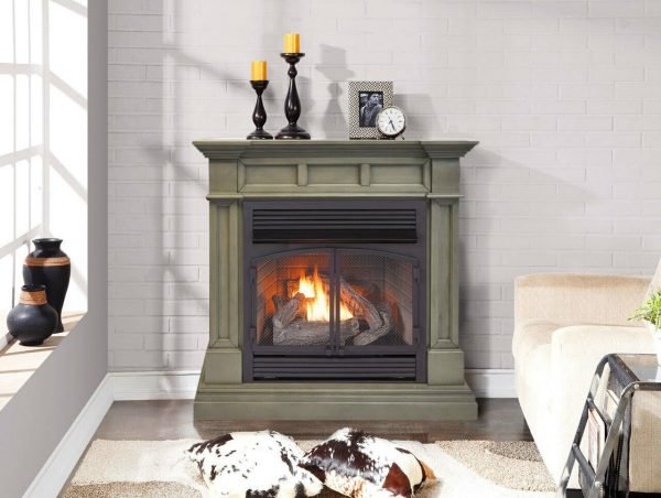 Duluth Forge Dual Fuel Ventless Gas Fireplace With Mantel – 32,000 BTU, T-Stat Control, Slate Gray Finish – Model# DFS-400T-2GR