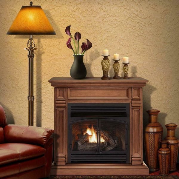 Duluth Forge Dual Fuel Ventless Gas Fireplace With Mantel – 32,000 BTU, T-Stat Control, Toasted Almond Finish – Model# DFS-400T-2TA