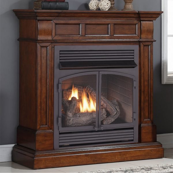 Duluth Forge Dual Fuel Ventless Gas Fireplace With Mantel – 32,000 BTU, T-Stat. Control, Auburn Cherry Finish – Model# DFS-400T-2AC
