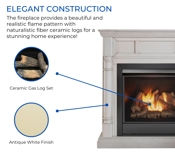 Duluth Forge Full Size Dual Fuel Ventless Gas Fireplace With Mantel – 32,000 BTU, Remote Control, Antique White Finish – Model# FDI32R-M-AW