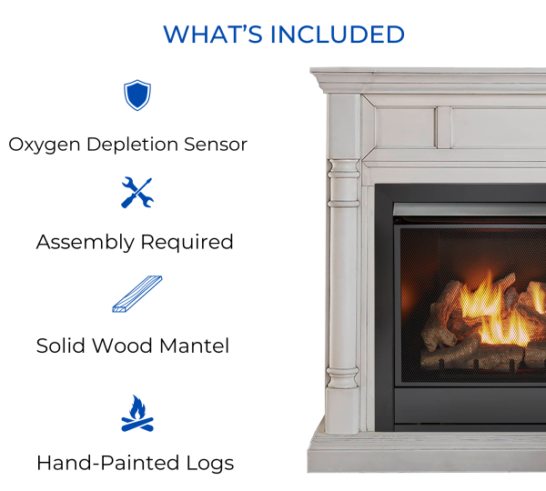 Duluth Forge Full Size Dual Fuel Ventless Gas Fireplace With Mantel – 32,000 BTU, Remote Control, Antique White Finish – Model# FDI32R-M-AW
