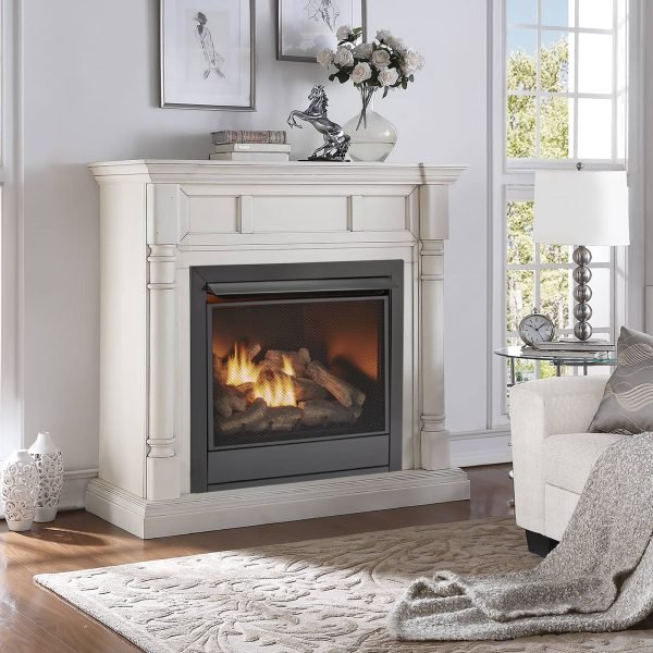 Duluth Forge Full Size Dual Fuel Ventless Gas Fireplace With Mantel – 32,000 BTU, Remote Control, Antique White Finish – Model# FDI32R-M-AW