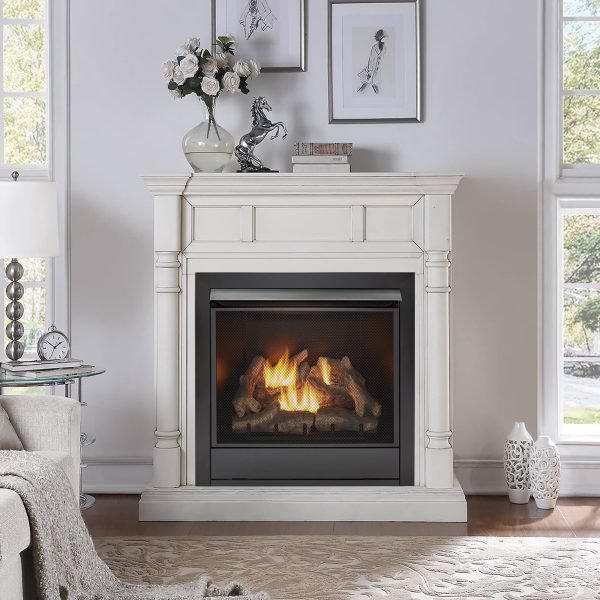 Duluth Forge Full Size Dual Fuel Ventless Gas Fireplace With Mantel – 32,000 BTU, Remote Control, Antique White Finish – Model# FDI32R-M-AW
