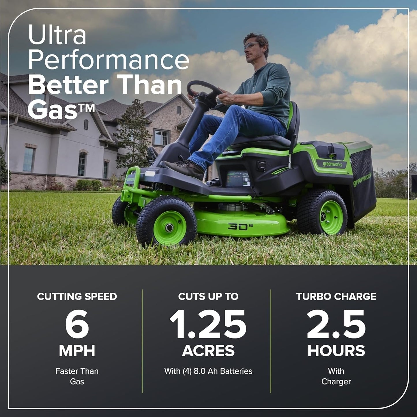 Greenworks 60V 30” CrossoverT Riding Lawn Tractor with 8.0 Ah