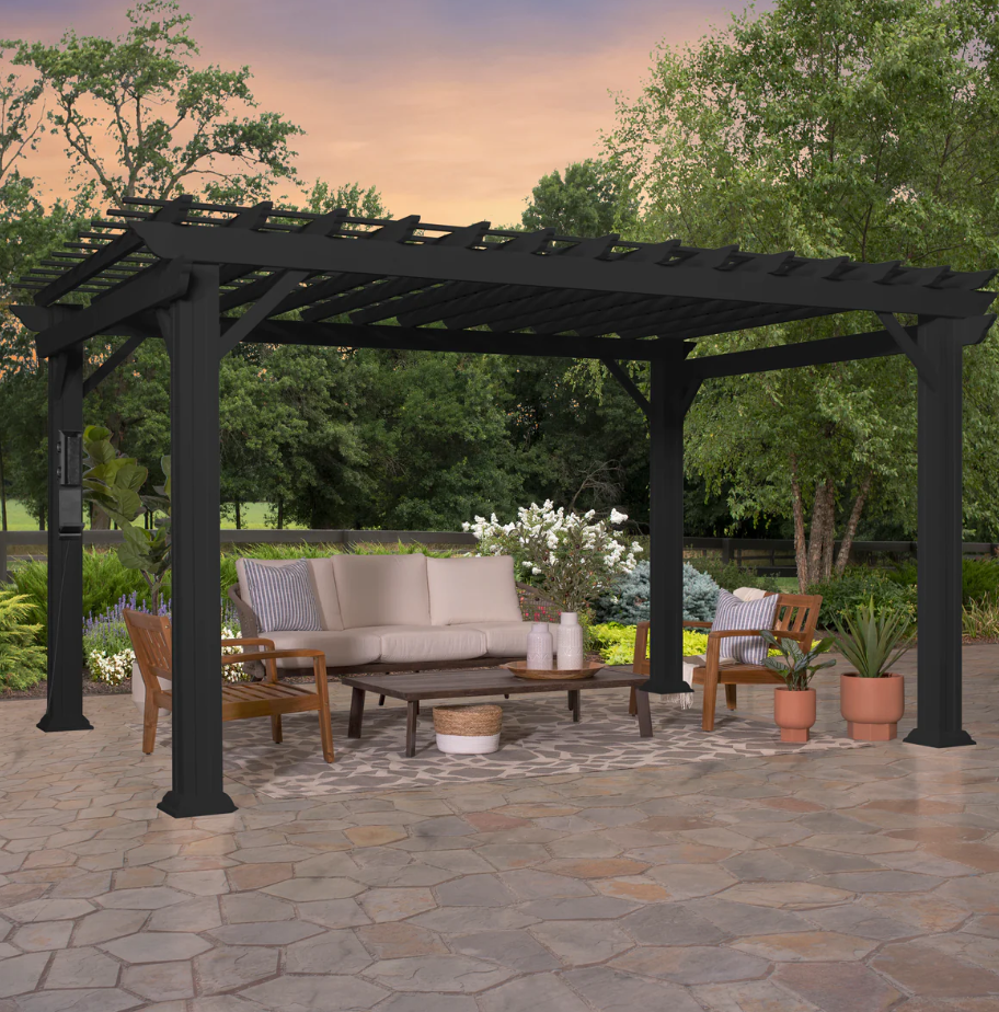Stratford 12 Ft. X 10 Ft. Black Steel Traditional Pergola with Sail Shade Soft Canopy