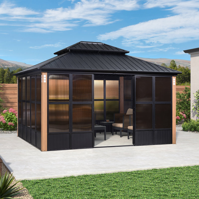 12′ x 14′ Hardtop Aluminum Gazebo with Galvanized Steel Roof & Sliding Doors